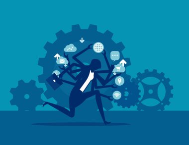 Birden fazla işi aceleye getiren bir iş kadını. Çalışan yaşam tarzı konsepti. Siluet vektör illüstrasyon biçimi