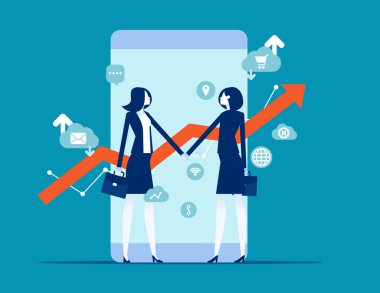 İki finansal komisyoncu anlaşma yaptı. Borsa konsepti. Büyüme çizelgelerine sahip akıllı telefon.