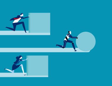 Şirket akıllı çalışır. İş konseptinde teknoloji optimizasyonu, Robotik, Düz çizgi film vektör stili tasarımı