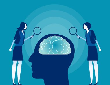 Beyin ve insan psikolojisi araştırması. Bilim insanları ve Analiz Kavramı, Düz çizgi film vektör biçimi tasarımı.