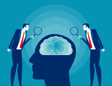 Beyin ve insan psikolojisi araştırması. Bilim insanları ve Analiz Kavramı, Düz çizgi film vektör biçimi tasarımı.