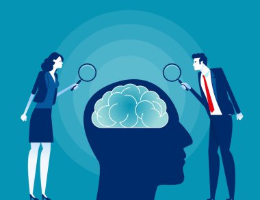 Beyin ve insan psikolojisi araştırması. Bilim insanları ve Analiz Kavramı, Düz çizgi film vektör biçimi tasarımı.