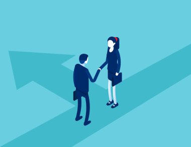 Takım elbiseli iş dünyası el sıkışıyor. İş anlaşması ve sözleşme konsepti. Isometric vektör çizgi film biçimi tasarımı