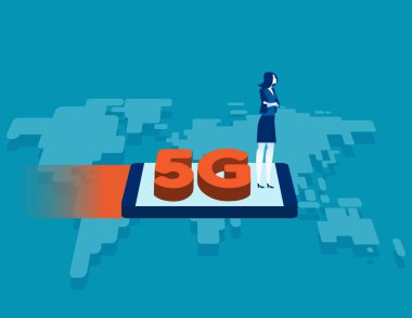 5G ağ sistemi ve internet. Hız kablosuz teknoloji konsepti, modern hızlı, düz çizgi film vektör stili tasarımı
