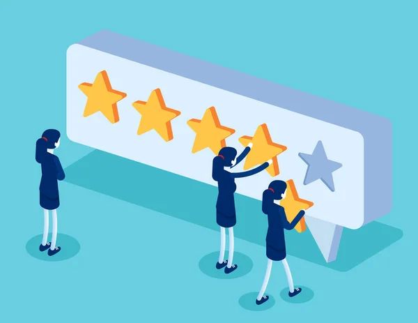 Klienci Wybierający Ocenę Satysfakcji Pozostawiający Pozytywną Opinię Postać Pięć Gwiazdek — Wektor stockowy