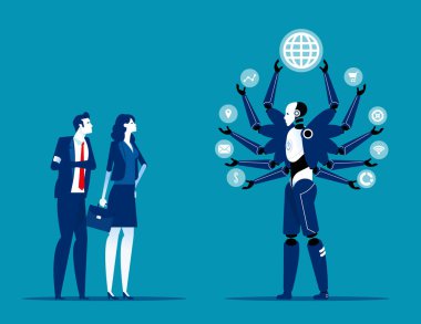 Robot gelecekte insan işlerini devralıyor. İnsanların çalışma konseptini değiştir. Düz çizgi film vektör illüstrasyon biçimi