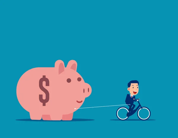 骑和拉小猪银行 业务预算和节约概念 平面业务载体风格 — 图库矢量图片