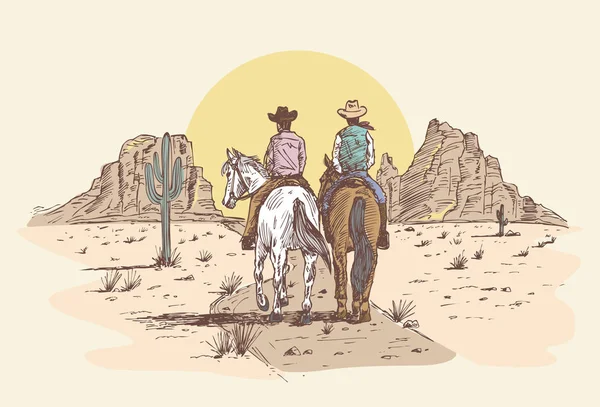 Hand getrokken cowboys rijden van paarden in de woestijn bij zonsondergang. — Stockvector