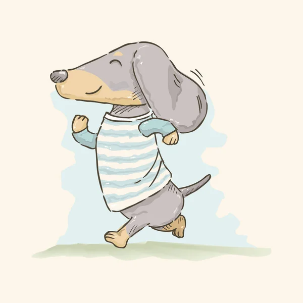 Desenho à mão bonito desenho animado Dachshund jogging em estilo aquarela, vetor —  Vetores de Stock