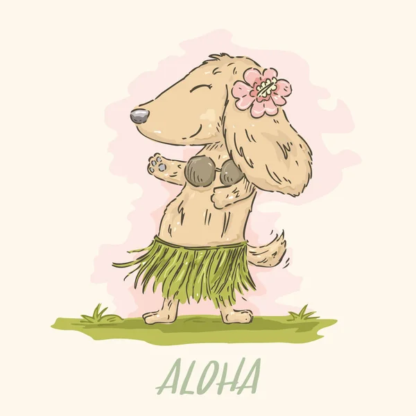 Dibujado a mano linda caricatura Dachshund en traje de bailarina hawaiana en estilo acuarela, vector — Archivo Imágenes Vectoriales