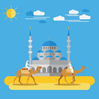 Arka plan olarak bir cami ile Çölde deve sürme insanlar
