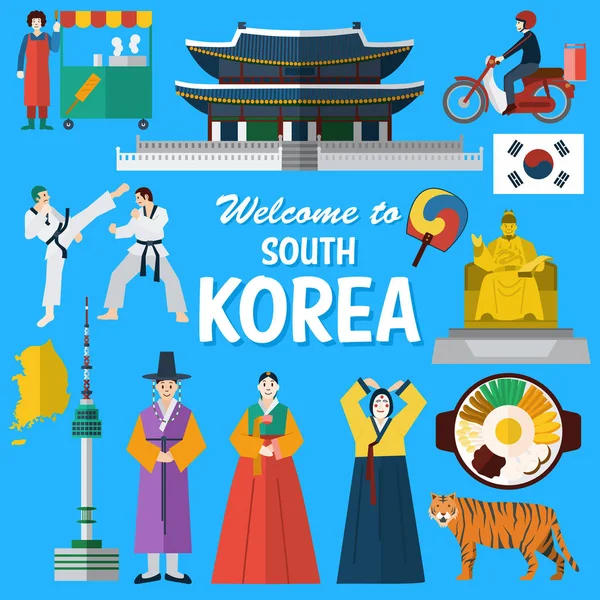 Επίπεδη σχεδίαση, απεικόνιση της Νότιας Κορέας ορόσημα και εικονίδια — Διανυσματικό Αρχείο