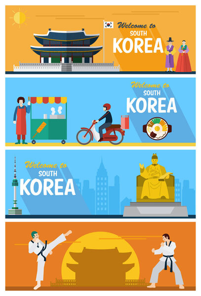 Плоский дизайн, иллюстрация южнокорейских достопримечательностей и икон
