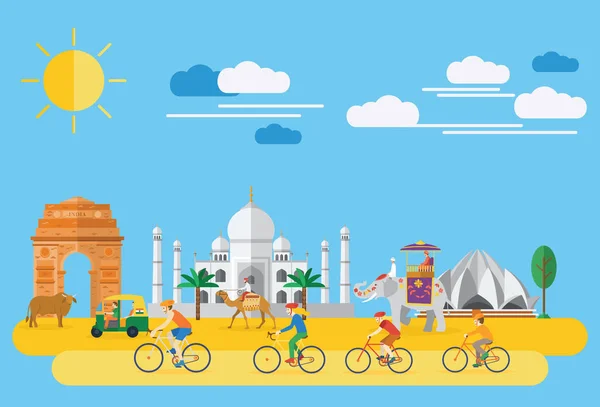 Diseño plano, Ilustración de bicicletas familiares felices en la India — Vector de stock