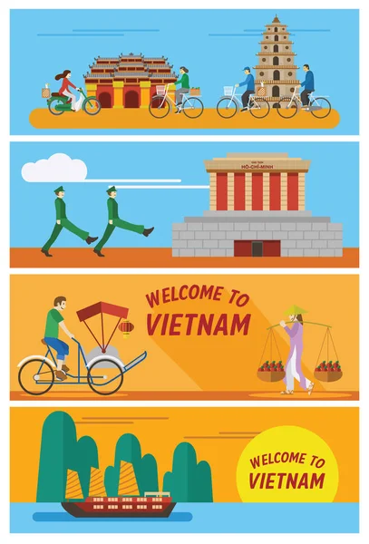 Design plat, monuments et icônes vietnamiens tels que le mausolée Ho Chi Mihn, la ville impériale et le mode de vie des Vietnamiens — Image vectorielle