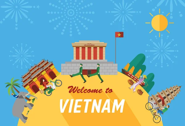 Vetor - Projeto plano, marcos vietnamitas e ícones como Ho Chi Mihn Mausoléu, Pagode Celestial Lady, Cidade Imperial e estilo de vida do povo vietnamita —  Vetores de Stock