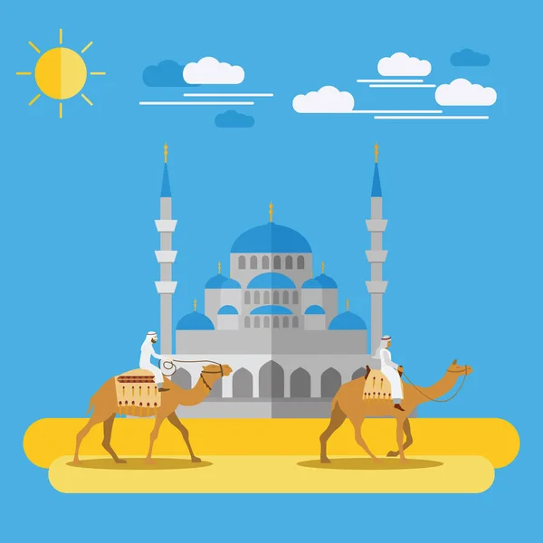 Pessoas montando camelos no deserto com uma mesquita como pano de fundo — Vetor de Stock