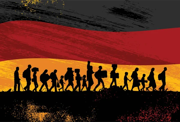 Silhouette dei rifugiati che camminano con la bandiera della Germania come sfondo — Vettoriale Stock