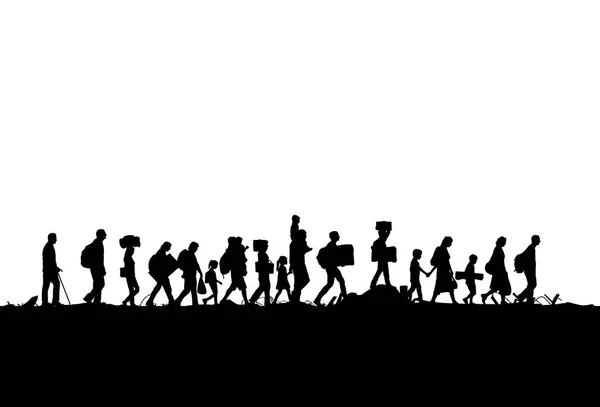 Silueta de refugiados personas caminando — Vector de stock