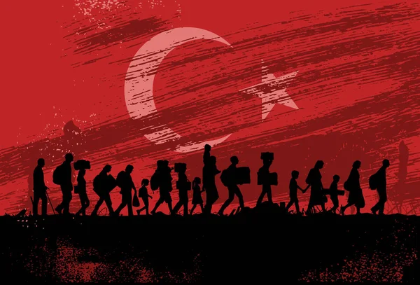 Silhueta de refugiados pessoas andando com bandeira da Turquia como pano de fundo — Vetor de Stock