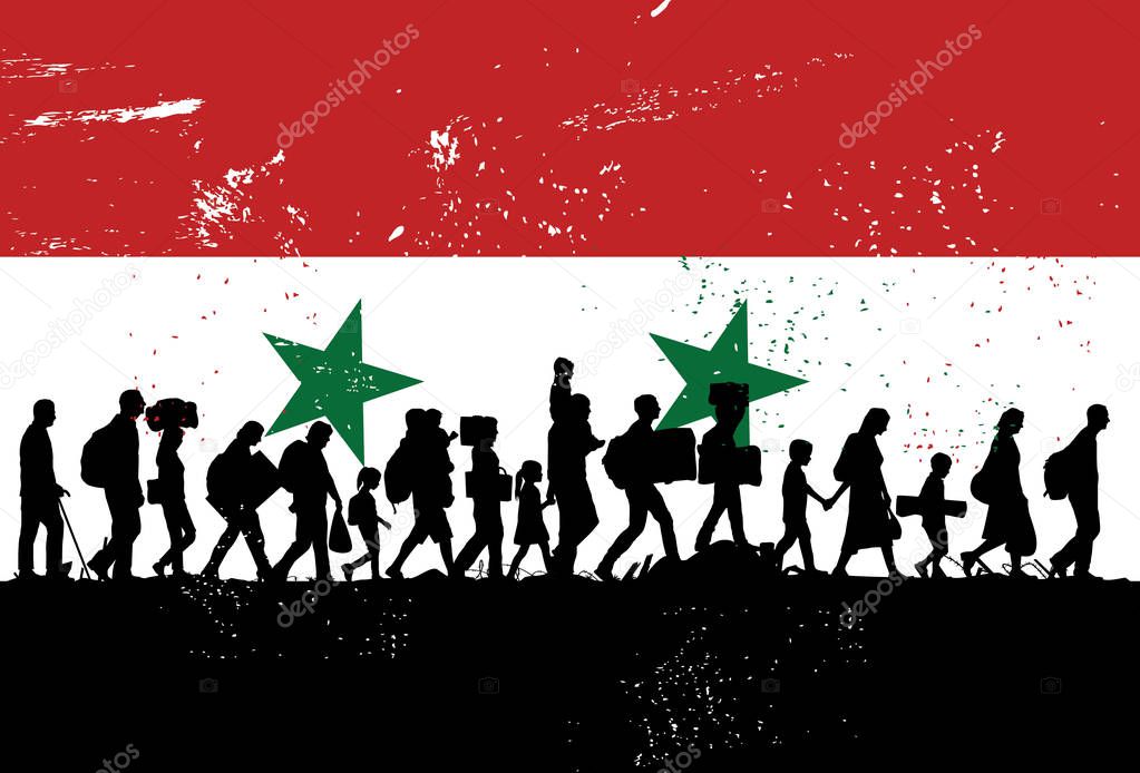Silhouette of refugees people walking with flag of Syria as a background
