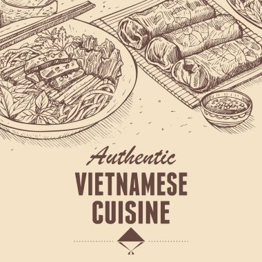 Elle çizilmiş Vietnamca gıda, vektör