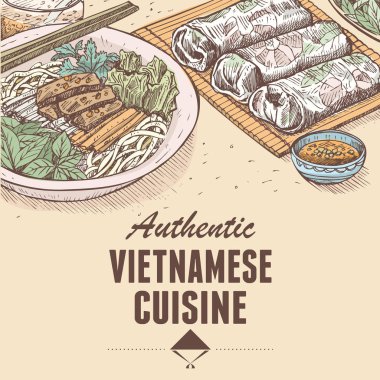Elle çizilmiş Vietnamca gıda, vektör