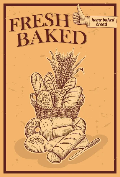 Handritad bröd i korg — Stock vektor