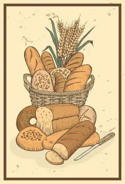 Handritad bröd i korg — Stock vektor