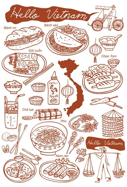 Conjunto de comida vietnamita e iconos garabatos, vector — Vector de stock
