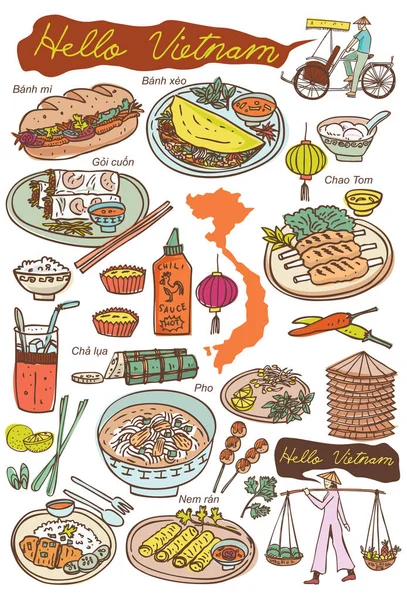 Set vietnamesischer Lebensmittel und Symbole Doodles, Vektor — Stockvektor