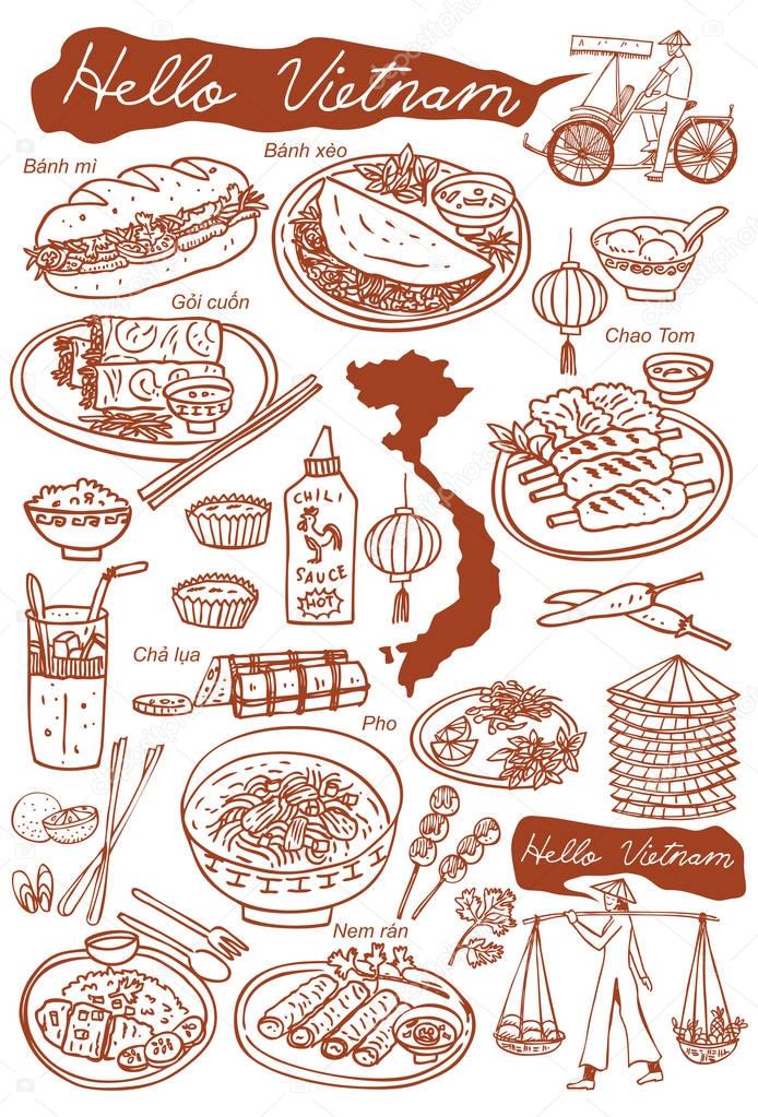 Set of Vietnamese food and icons doodles, vector