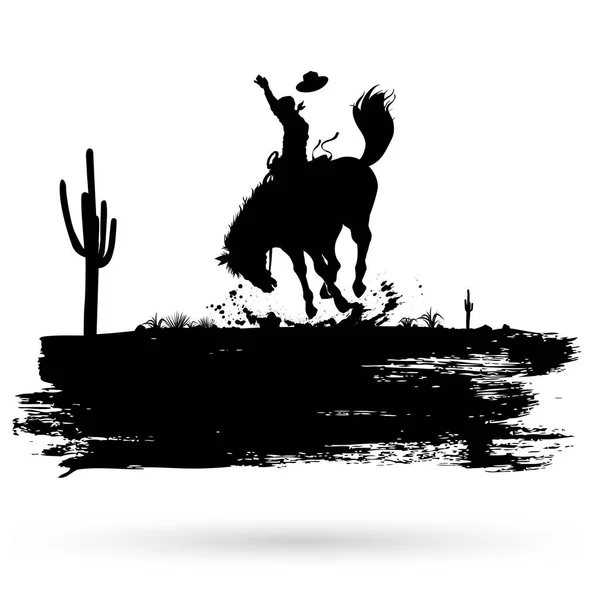 Grunge-Banner, Silhouette eines Cowboys, der auf einem Wildpferd reitet, Vektor — Stockvektor