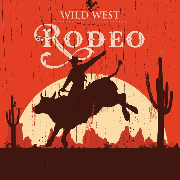 Rodeo vaquero a caballo toro en un signo de madera, vector — Vector de stock