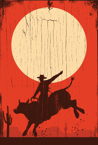 Силуэт ковбоя верхом на быке на закате на деревянном знаке, векторе
