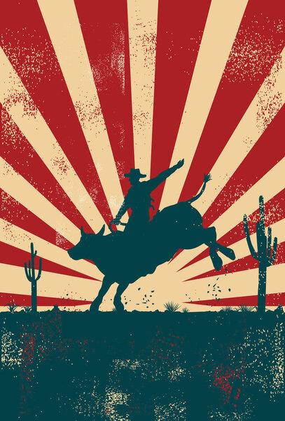 Rodeo cowboy riding bull at sunrise, vector