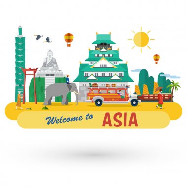 Flat design, South East Asia's landmarks and icons, Vector clipart