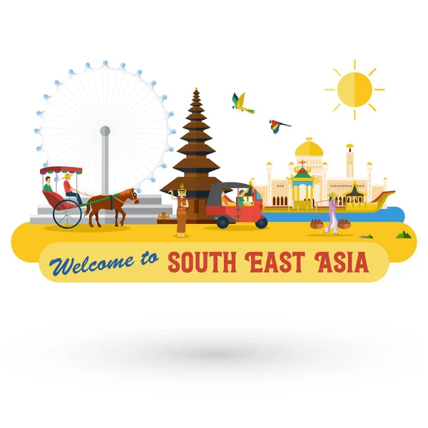 Flat design, South East Asia's landmarks and icons, Vector — Stock Vector