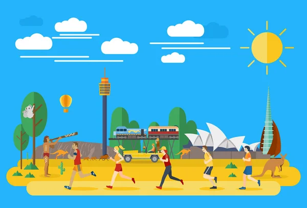 Diseño plano, Ilustración de personas corriendo en Australia, vector — Vector de stock