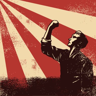 Devrim Poster, sunbeam arka plan üzerinde yumruk yükselterek işçi