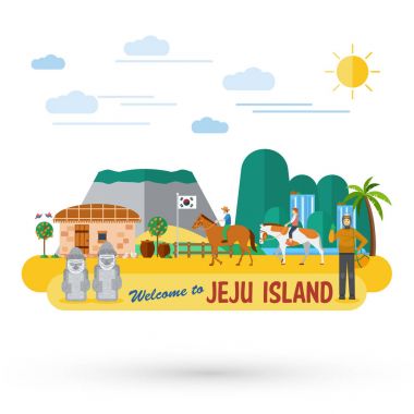 Düz tasarım, yerler ve simgeler Jeju Adası, Güney Kore, vektör çizimi