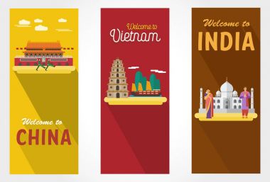 Düz tasarım, simge ve Çin, Vietnam ve Hindistan, vektör çizim simgeleri
