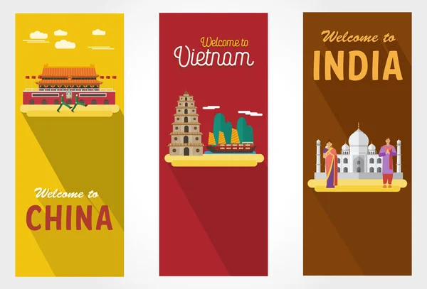 Flat design,  landmarks and icons of China, Vietnam and India, Vector Illustration — Stock Vector