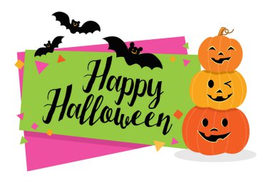 Mutlu Cadılar Bayramı yazı afiş ile sevimli çizgi kabaklar ve yarasalar. vektör çizim.