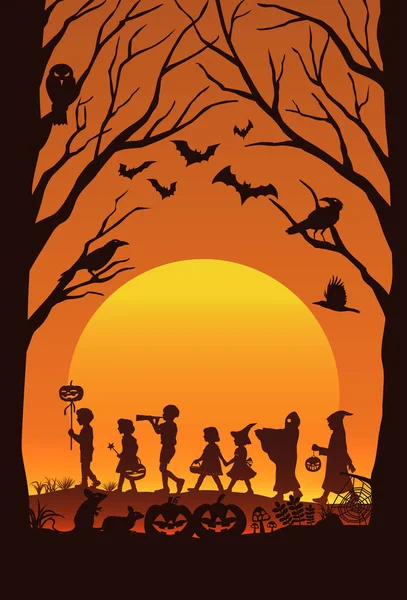 Silueta de los niños ir truco o trato en Halloween, vector — Vector de stock