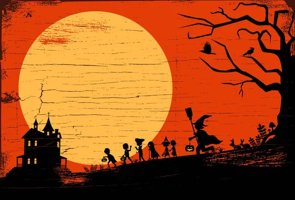 Fond d'Halloween, Silhouette d'enfants allant tour ou traiter sur une planche en bois, Illustration vectorielle — Image vectorielle