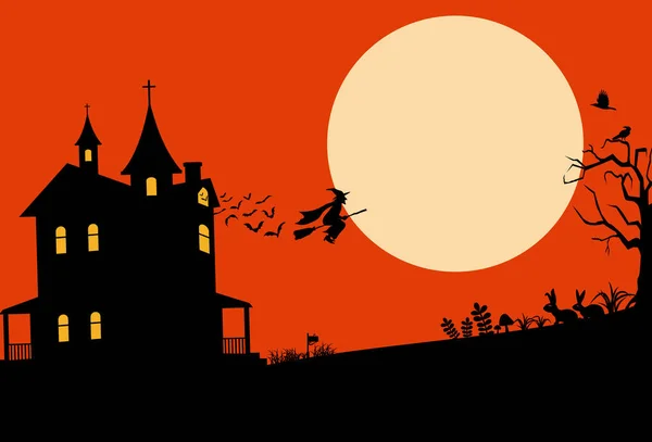 Banner de Halloween, Silueta de bruja voladora, Ilustración vectorial — Archivo Imágenes Vectoriales