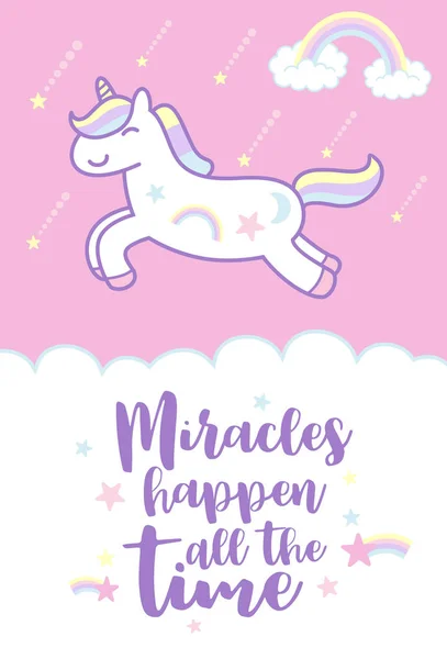 Cute cartoon unicorn with text miracles  happen all the time, vector illustration — Stock Vector