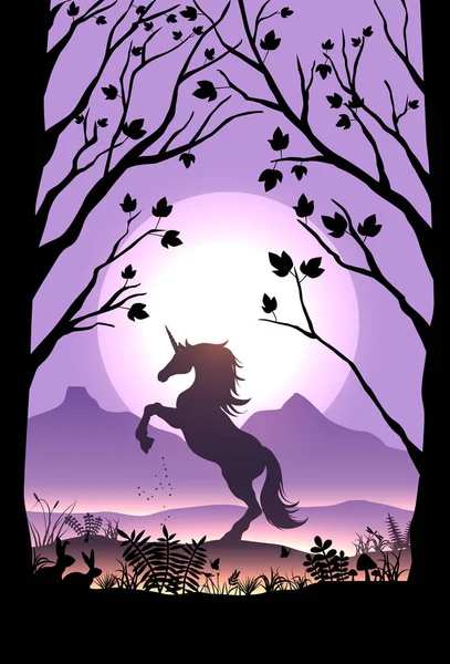 Silhouette di uno skittish unicorno al tramonto, illustrazione vettoriale — Vettoriale Stock