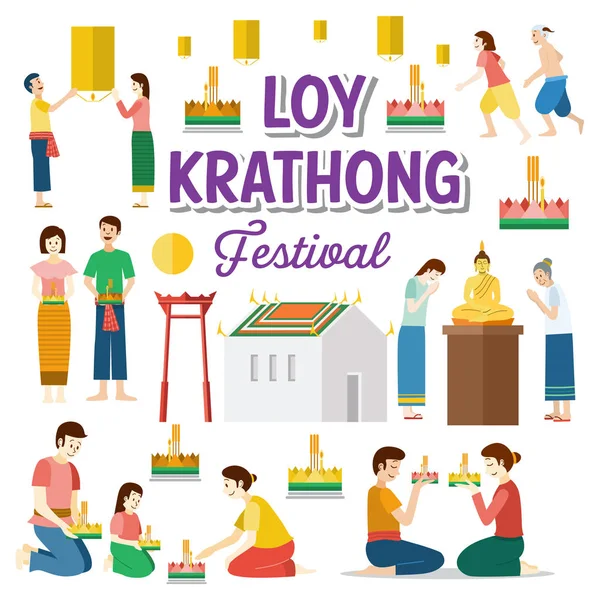 Loy Krathong. Tailandia festival de pagar respeto a los espíritus del agua. Vector — Vector de stock